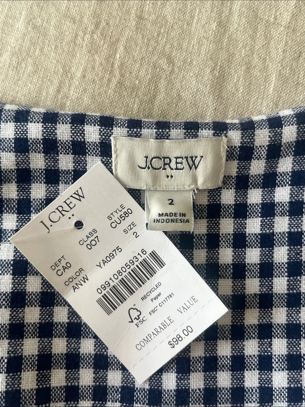 NWT J Crew Linen Gingham Button-Front Top